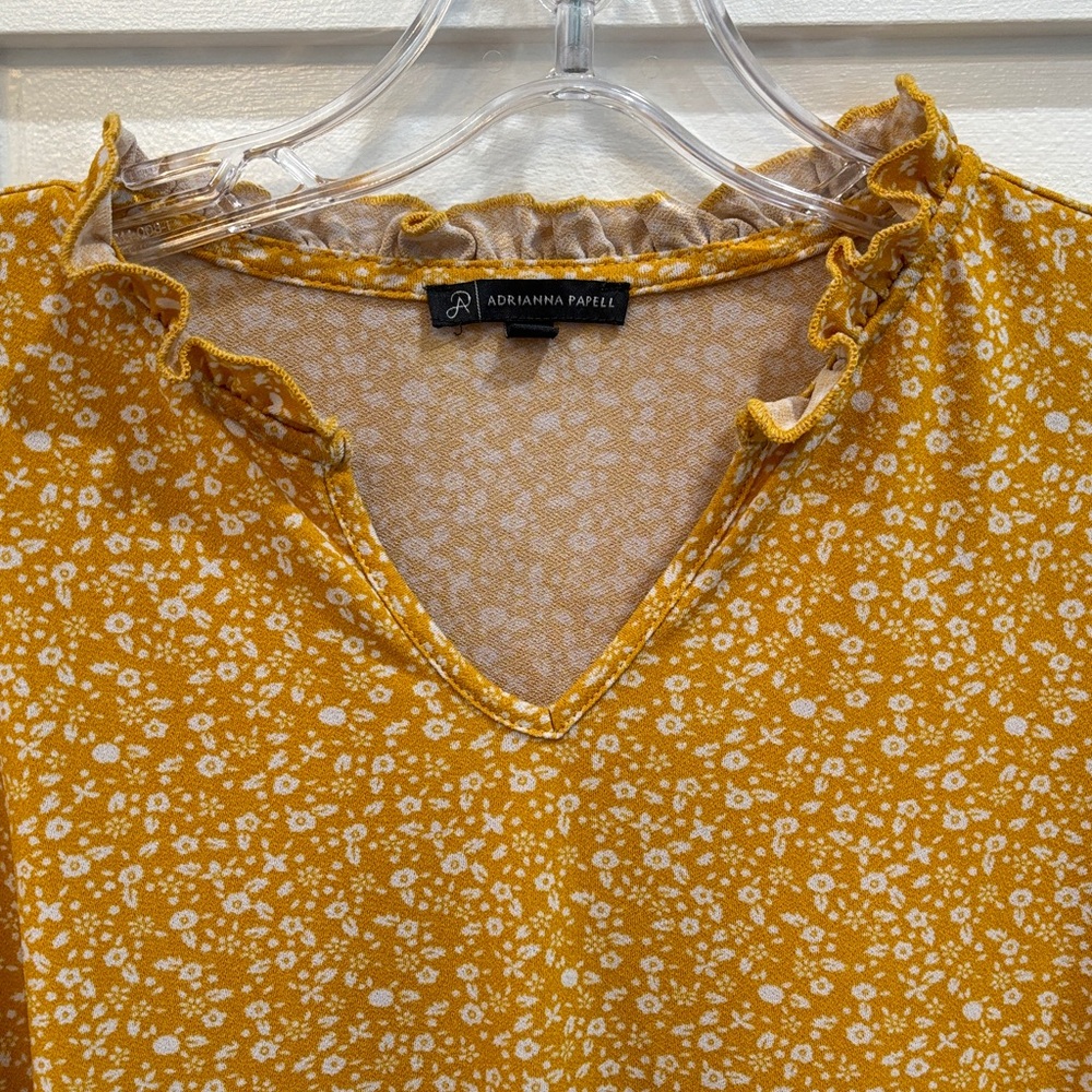 Adrianna Papell Mustard Yellow Floral Ruffle-Trim V-Neck Blouse - Picture 4 of 6